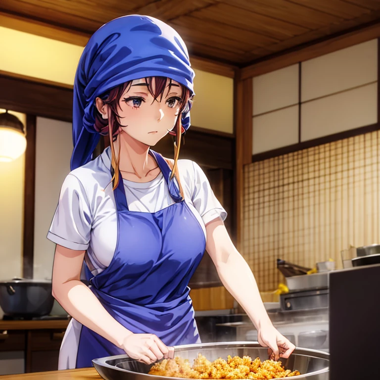 A woman with a towel wrapped around her head preparing a large amount of tempura in the kitchen of a Japanese restaurant highest quality Wearing an apron