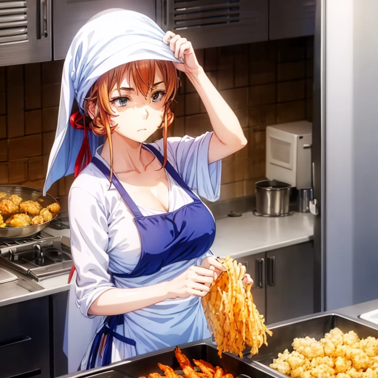 A woman with a towel wrapped around her head preparing a large amount of tempura in the kitchen of a Japanese restaurant highest quality Wearing an apron