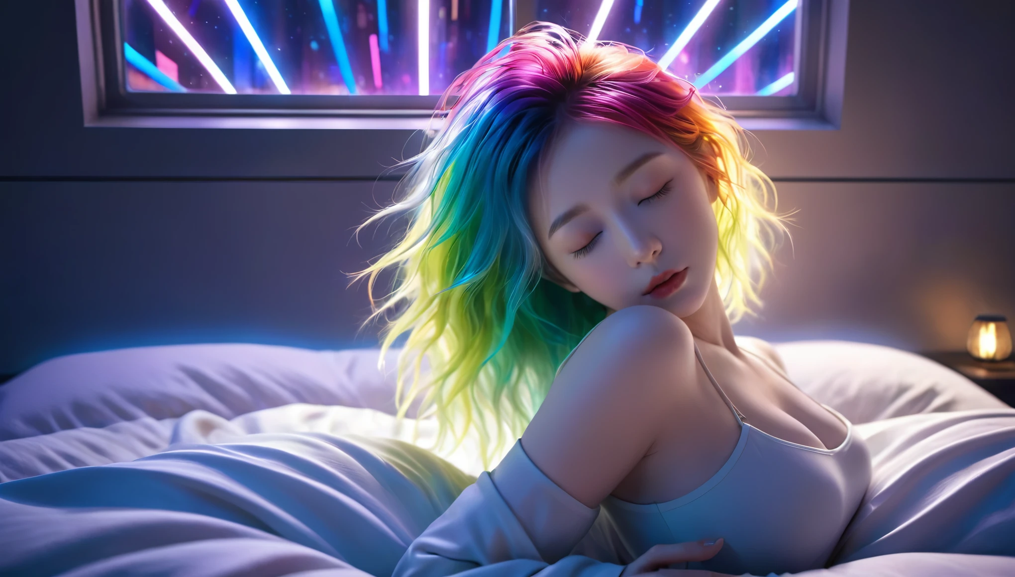 (best quality,8k,ultra-detailed:1.2),(CG,CG art,3D rendering),(masterpiece:1.2),（Crawling on the table），（Sexy clothing），(movie lighting,futuristic),(woman lying in bed,sleeping,closed eyes),(large window behind her,tranquil night),(colorful hair:1.5)