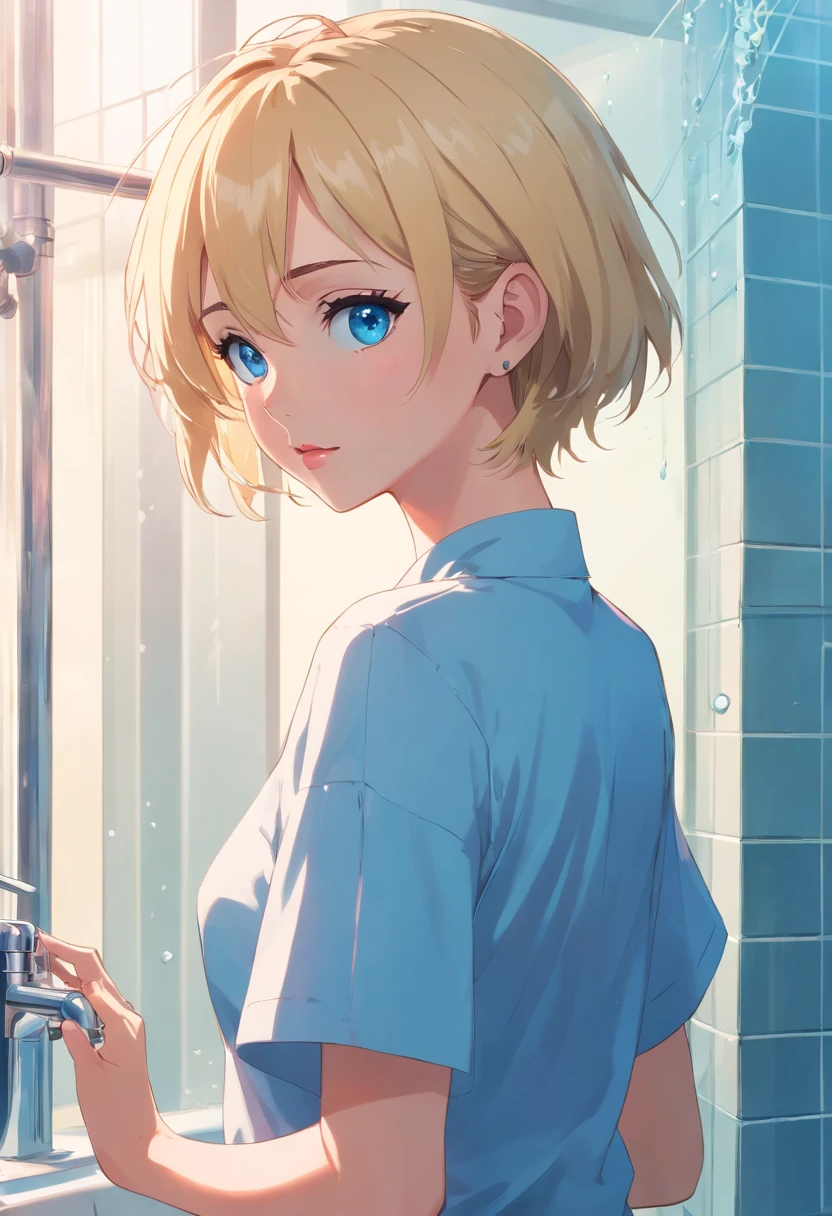 17 years old Women, ((Blonde)), ((Blue eyes)), ((Short hair)), ((Full shot)), very detailed makeup, pale pink lipstick, long earrings, takin a shower ((whole body))