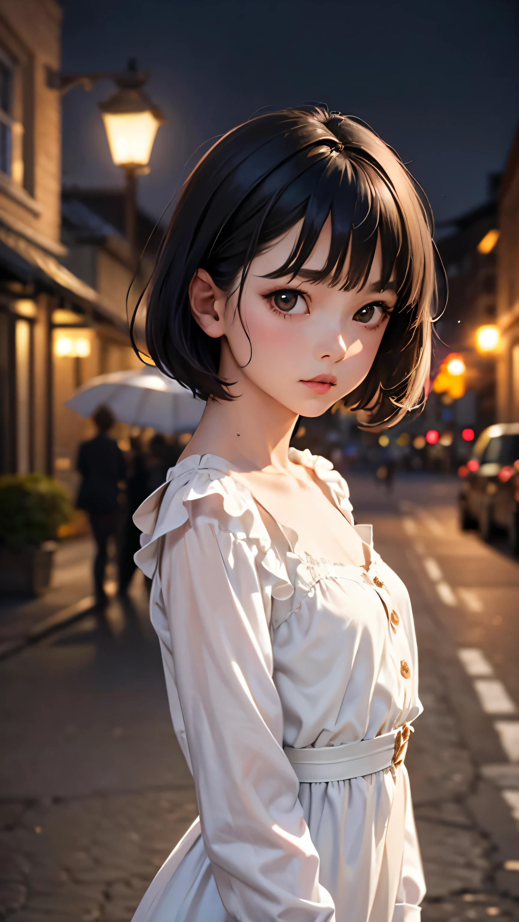 (Half Body Shot,Street lamp,moon),masterpiece, One girl, Solo Exhibitions, Beautiful woman with small breasts, Night beach, Beautiful Goddess Girl Portrait, Beautiful and elaborate face, Porcelain-like skin, (((Bust Shot, center, night, Black Hair, short hair)), Very soft lighting, Full Shot,Symmetric, complicated, grace, Attention to detail, realism, art, concept art,White clothes
