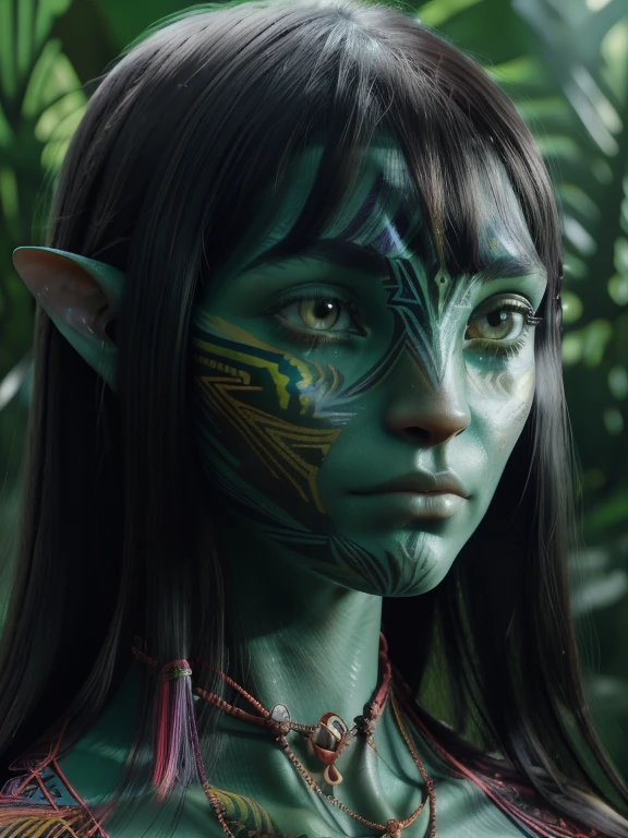 avatar style, (face portrait:1.6), naavi, 1girl, female, (silver eyes), (big eyes), ((eyebrowless)), pointy ears, (forest green skin tone:1.0), (straight hair:1.0), black hair color, ((long hair with bangs)), (young adult), 18 years old, face wrinkles, wearing colorful tribal clothing, (wearing tribal acessories), detailed eyes, toned body, muscled body, vibrant colors, glowing, ethereal atmosphere, surrealistic dreamy lighting, textured skin, otherworldly beauty, mesmerizing photography, (best quality, highres), vivid colors, ultrarealistic, skin details, striped skin, sfw, face close-up:0.5, ultradetailed body, ((green skin)), ((tranzp))