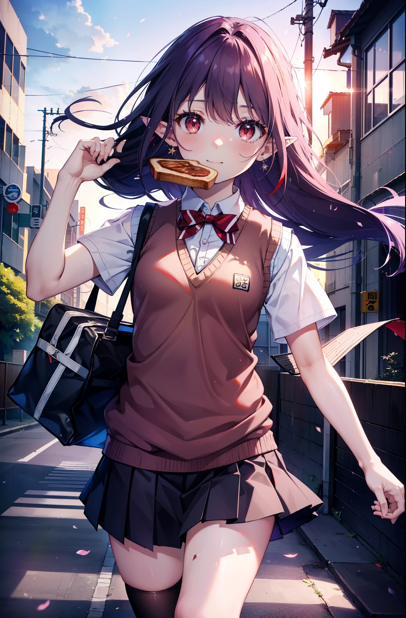 yuukikonno, Yuki Konno, hair band, Long Hair, Pointy Ears, Purple Hair, (Red eyes:1.5), (Small breasts:1.2), smile,White Y-shirt,Sweater vest, (紫色 Sweater vest:1.5),,Short sleeve,Purple pleated skirt,black tights,Brown Loafers,Toast in the mouth, running, City Street,morning,morning日,sunrise,A girl running,
break looking at viewer, Upper Body, whole body,
break outdoors, Residential area crowd, people々々,
break (masterpiece:1.2), highest quality, High resolution, unity 8k wallpaper, (shape:0.8), (Fine and beautiful eyes:1.6), Highly detailed face, Perfect lighting, Highly detailed CG, (Perfect hands, Perfect Anatomy),