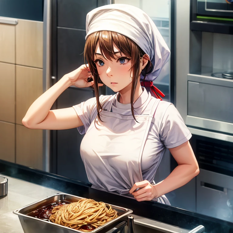 With a towel wrapped around my head in the kitchen of a Japanese restaurant､A woman making soba noodles　highest quality　Wearing an apron