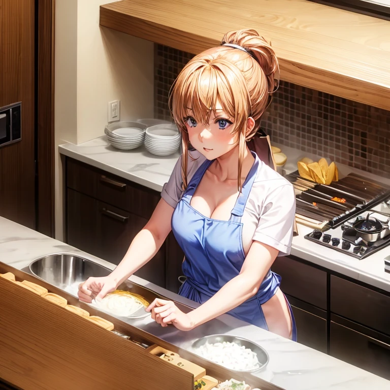 With a towel wrapped around my head in the kitchen of a Japanese restaurant、A woman making soba noodles highest quality Wearing an apron