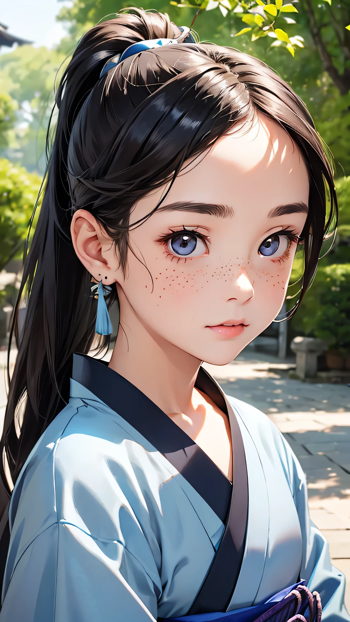 highest quality、Realistic、girl、Japanese、zoom、cute、Gray Eyes、Chestnut Hair、ponytail、Blue kimono、Japanese clothing、Face close-up、thin、Small breasts、freckles