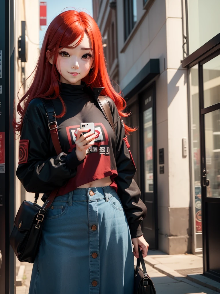 Subculture girl。save。Gorgeous clothes。Red hair。Have a camera。Looking at the camera。a smile。front。