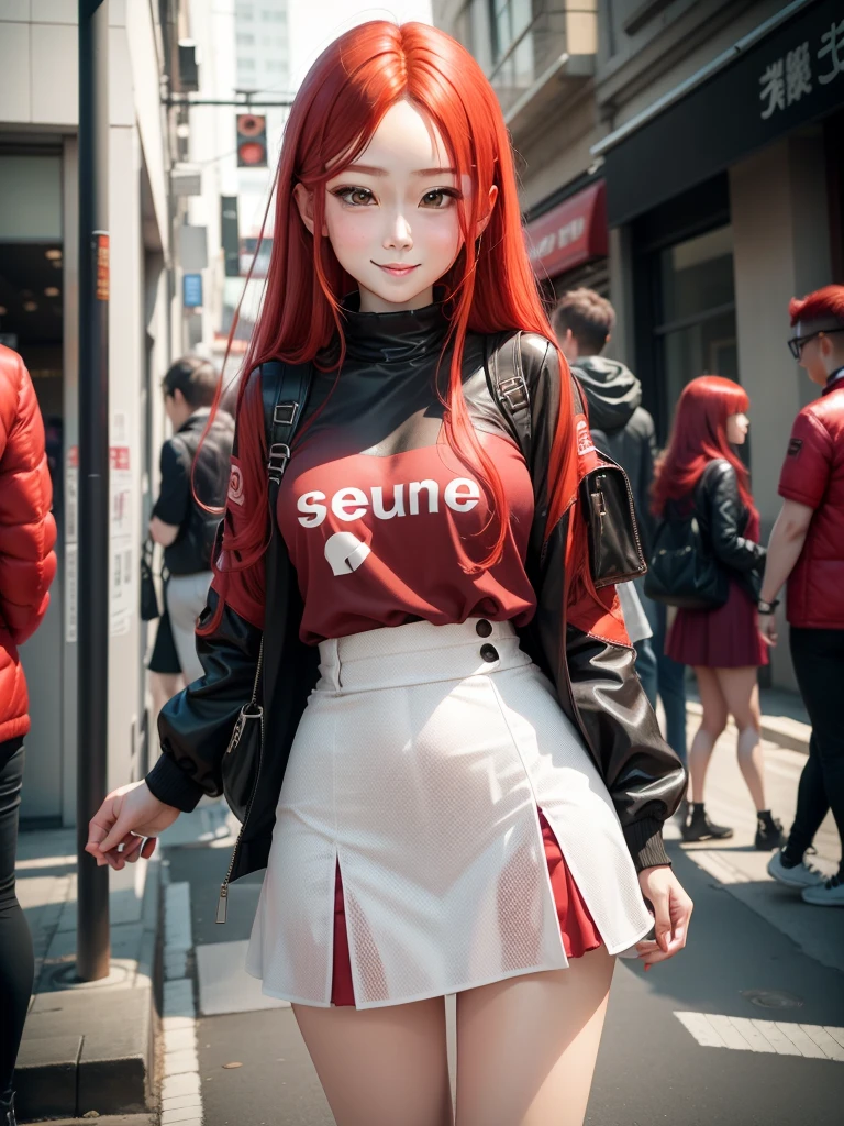 Subculture girl。save。Gorgeous clothes。Red hair。Have a camera。Looking at the camera。a smile。front。