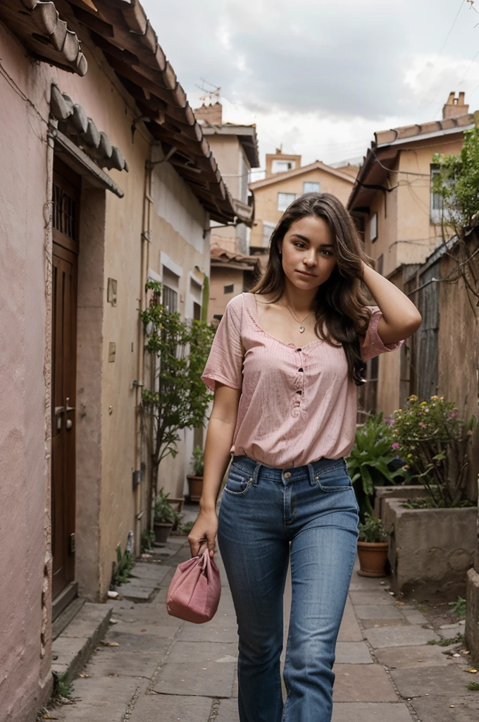 Calle de vecindario residencial al atardecer, 16-year-old girl walks backwards, wears jeans and a pink blouse, pelo largo cafe, In one hand he carries a bag like a sack with roots and in the other hand he carries roots that he throws towards a garden.. 