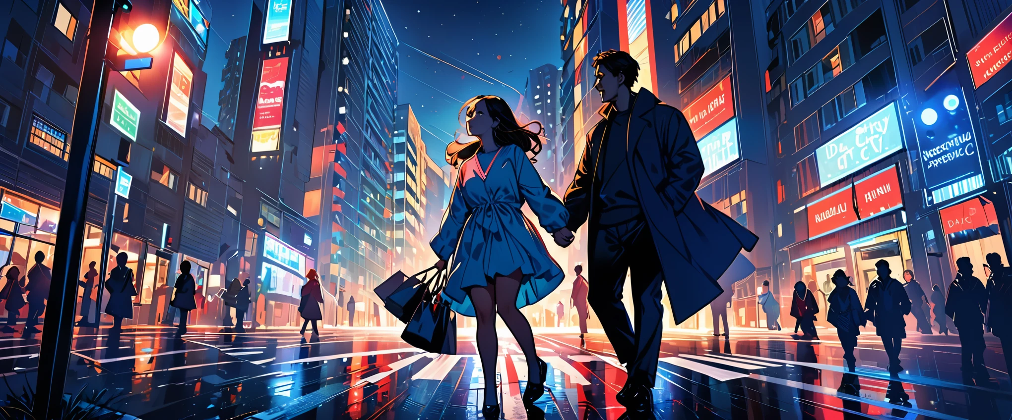 (best quality,ultra-detailed,realistic:1.37),humor,comic style,bold lines,vibrant colors, Close to cold colors,reduce saturation,beautiful night scene, saturday lover,girl and boy, joyful couple, laughter, love in the air, city lights, ((intersection:2.2)) In a busy downtown area at night, ((high rise residential building Dark city silhouette background:2.0)) ((Accurate perspective:2.5))