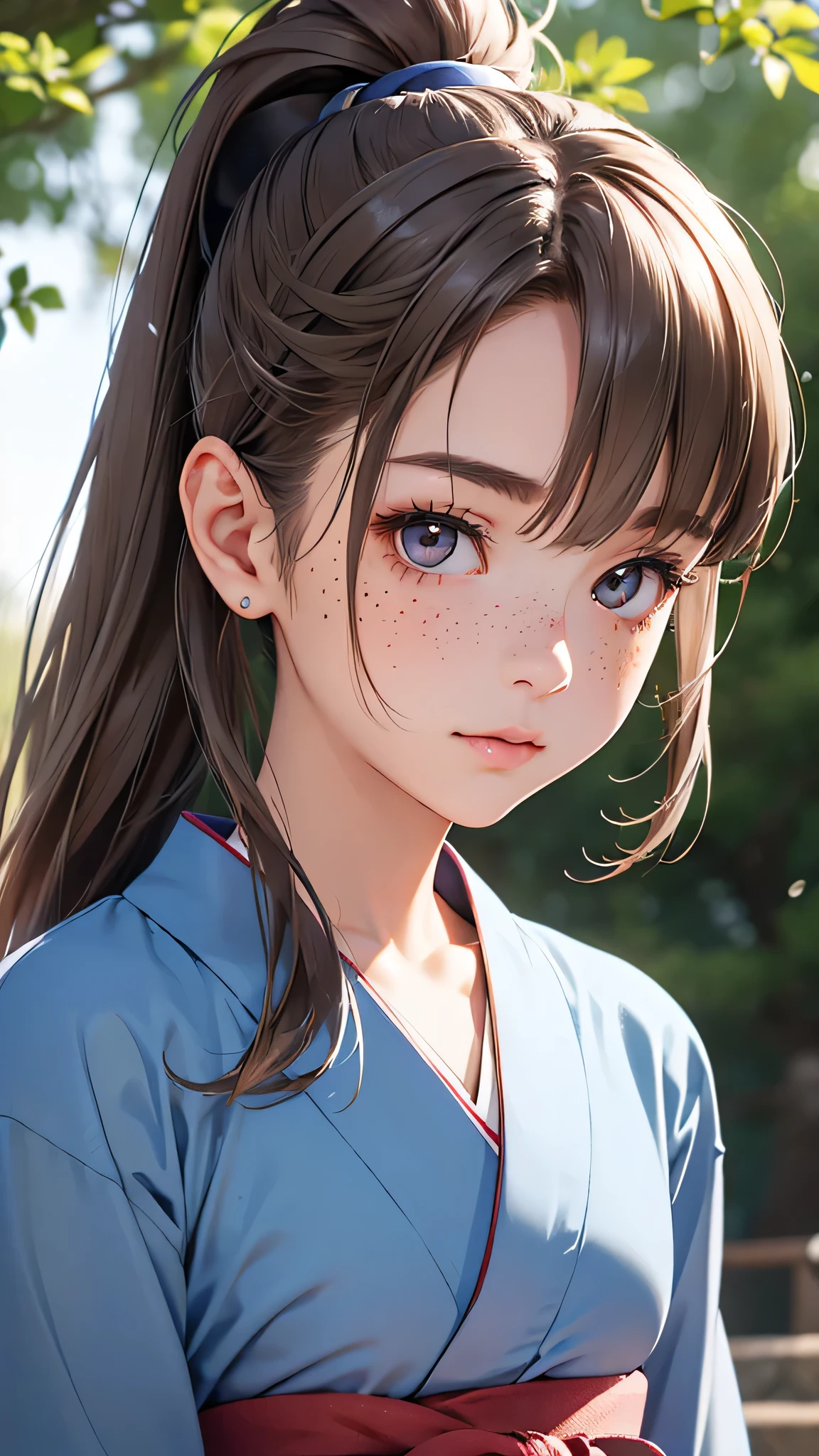 highest quality、Realistic、girl、Japanese、zoom、cute、Gray Eyes、Chestnut Hair、ponytail、Blue kimono、Japanese clothing、Face close-up、thin、Small breasts、freckles