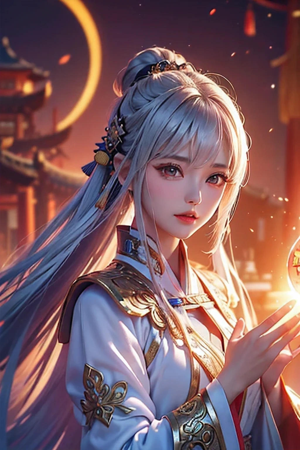 [weapon,cleavage,(magic circle:1.1),xiuxian]:1.5((masterpiece:1.5、8k、Portrait、Photorealistic and very detailed CG、Very detailed、Particle Effects、Dynamic Effects、Written boundary depth、Cinematic Light、Lens flare、Ray Tracing、Tabletop、Realistic:1.4、超A high resolution:1.2、Realistic、Realistic))((alone,Woman wearing Chinese warrior clothes:1.4、Sexy Woman Pose、、Detailed face、Bright expression、young, Brighter, Whiter skin、Ample breasts、Best Looks、Ultimate beauty、Shiny silver hair with highlights、Bright and shiny hair,、Super long, Silky straight hair、Hair swaying in the wind))((An ancient Chinese capital where you can see the sunrise、Backlight)
