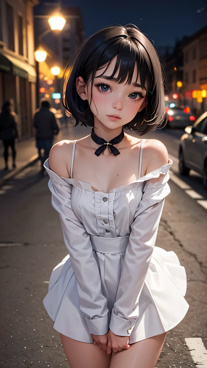 (Half Body Shot,Street lamp,moon),masterpiece, One girl, Solo Exhibitions, Beautiful woman with small breasts, nightのビーチ, Beautiful Goddess Girl Portrait, Beautiful and elaborate face, Porcelain-like skin, (((Bust Shot, center, night, Black Hair, short hair)), Very soft lighting, Full Shot,Symmetric, complicated, grace, Attention to detail, realism, art, concept art,White clothes
