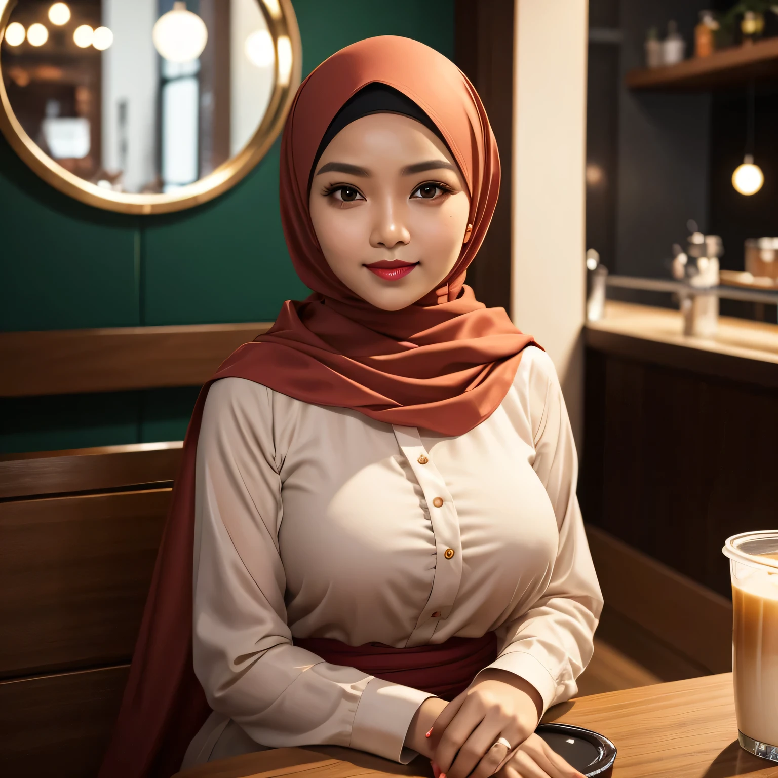 Half body portrait of a 33 years old malay woman sit in front of giant mirror, wearing hijab, wearing peach blouse with satin green slack, narrow waist, indoor shot, looking up at coffee shop sign, soft lighting, smirk face, circle bokeh , big breast, catwalk, morningtime, surrounded by a comfortable, cool atmosphere, looking at the viewer. (Skin details:1.3), hairy hands, Hijab, slim, red lips, seductive with bokeh camera background