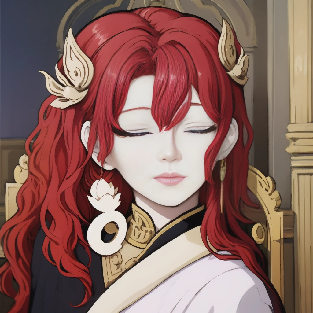 A girl with red hair and blue eyes, wearing noble clothes, with a gentle smile, in a Palace environment. (Eight :1.8) [vibrant colors] [oil painting] [detailed background] [soft lighting] [high resolution] [elegant atmosphere] [beautifully detailed eyes] [beautifully detailed lips] [long eyelashes] hugging a young man with red hair, the young man has closed eyes and royal clothes, pale skin and enviable beauty