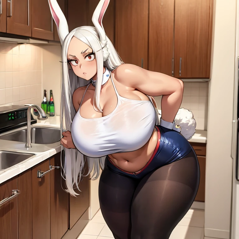 Super-detailed, 8k HD, Rumi Usagiyama (My Hero Academia), 1 girl, solo, long white hair, detailed hand and face, bunny ears, busty body, curvy body, big breast, large butt, thick thight, crop top, pantyhose, tan skin, standing at the kitchen counter