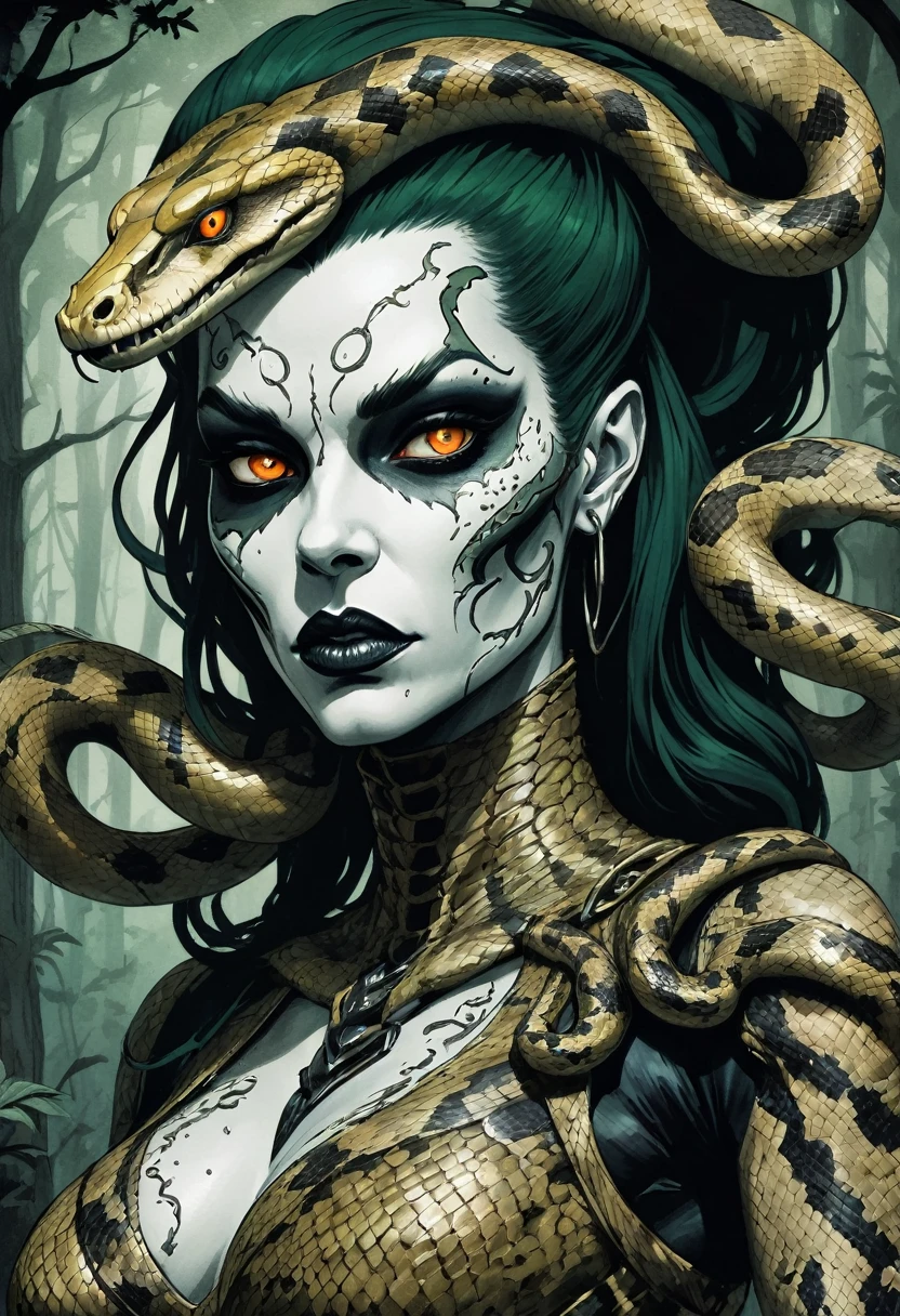 Medusa, splash page decompressed comic cover art, ink style figure, ((expressive Joelle Jones and "Sean Gordon Murphy" comic drawing)), wordless, cinematic poster, double exposure, optical illusion, image within image, abyss void black no visibility darkness, full length portrait, (background, pine barrens, entropy, rewilding, magic hour sunset, galaxy stars, cosmos), (horror, abstract, surreal, body, cosmic), candid, snake skin dress, morphology anatomy drawn Frederic Delavier musculature anatomical illustration, (face, ornate black-metal corpsepaint face paint, resembles Grace Jones), (body, Naga, snakefolk, lower body snake tail, snake woman hybrid, bald, hairless, skeleton, snake skin tattoos, piercing eyes, snake pupils, over the shoulder), (colors, bleak muted deep fiery radiant glowing ROYGBIV, forest green, earth brown), craftsmanship nuance, (Gerardo Zaffino charcoal), subliminal orchids, nyctophobia, silhouette