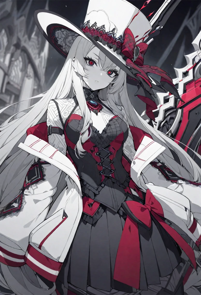 masterpiece, best quality, highly detailed, ultra-detailed, anime style, illustration, black and white, grayscale, red accents, (female character:1.4), center composition, elaborate outfit, (light-colored long hair:1.2), (hat with bow:1.3), (red and white fitted jacket:1.4), corset-like design, (pleated voluminous skirt:1.3), (unique weapon:1.2), (abstract geometric shapes:1.1), technological sense, compact and powerful composition, meticulous detail, intricate clothing design, distinctive accessory design, (Gothic-inspired mystique:1.3), cool color scheme, (determined expressive eyes:1.4), strong captivating presence