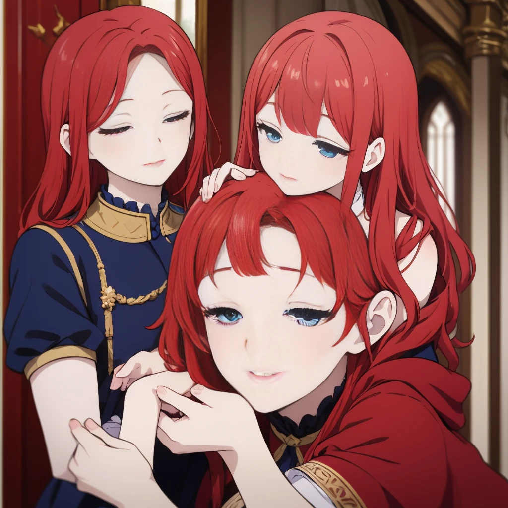A girl with red hair and blue eyes, wearing noble clothes, with a gentle smile, in a Palace environment. (Eight years:1.8) [vibrant colors] [oil painting] [detailed background] [soft lighting] [high resolution] [elegant atmosphere] [beautifully detailed eyes] [beautifully detailed lips] [long eyelashes] hugging a young man with red hair, the young man has closed eyes and royal clothes, pale skin and enviable beauty