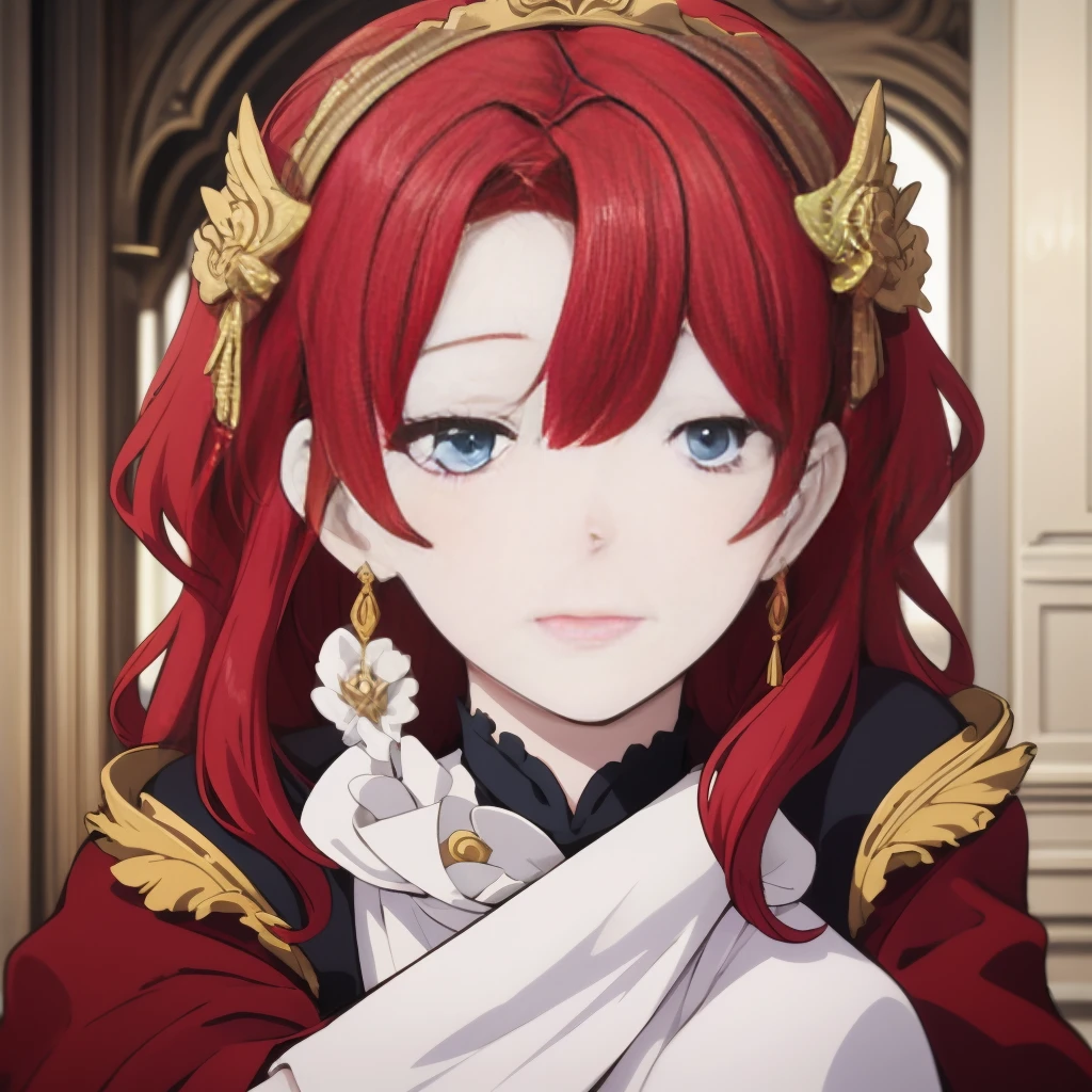 A girl with red hair and blue eyes, wearing noble clothes, with a gentle smile, in a Palace environment. (Eight years:1.8) [vibrant colors] [oil painting] [detailed background] [soft lighting] [high resolution] [elegant atmosphere] [beautifully detailed eyes] [beautifully detailed lips] [long eyelashes] hugging a young man with red hair, the young man has closed eyes and royal clothes, pale skin and enviable beauty