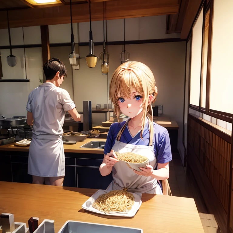 With a towel wrapped around my head in the kitchen of a Japanese restaurant､A blonde woman making soba noodles　highest quality　Wearing an apron