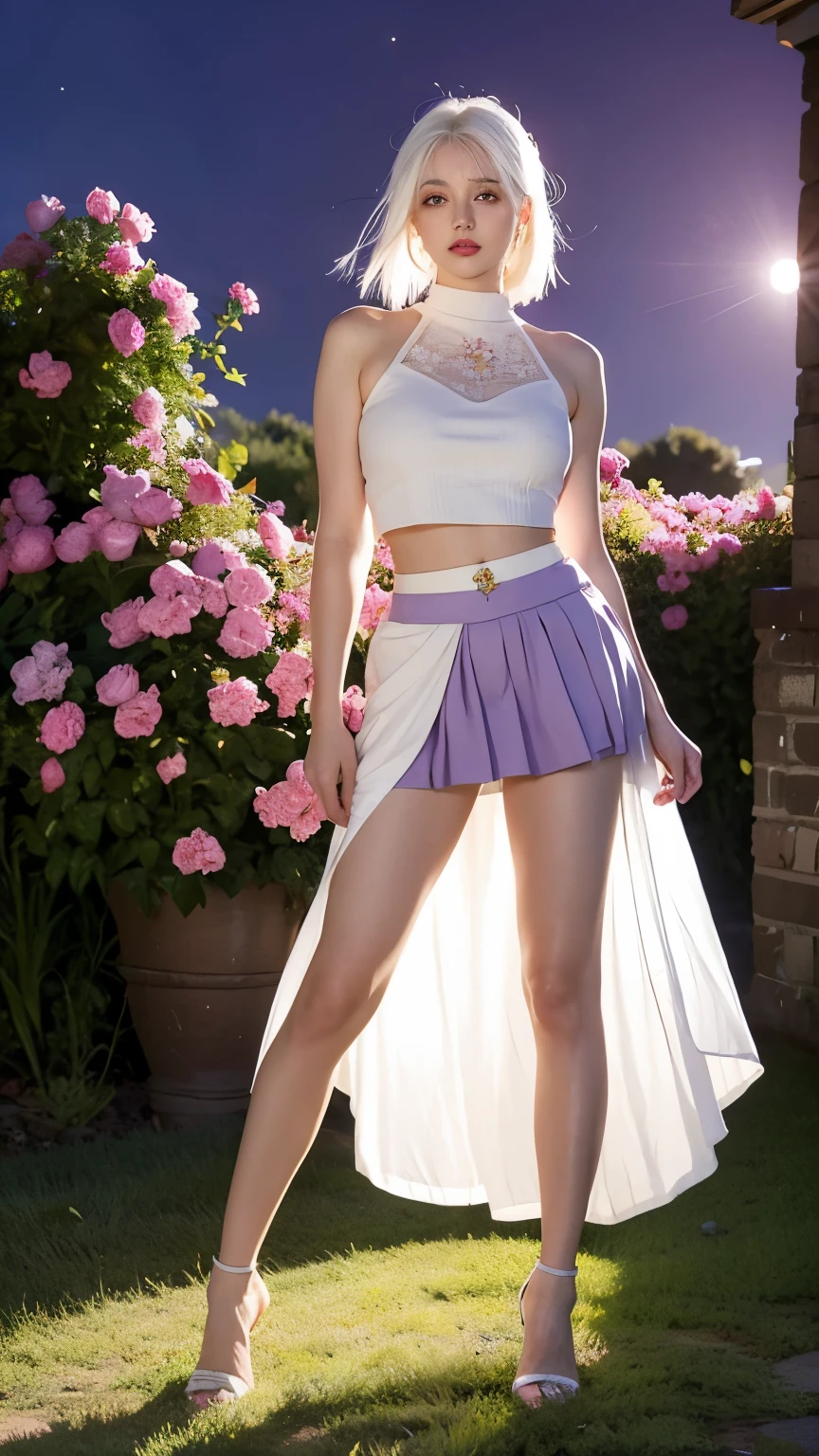 realistic, 1girl, white hair, purple eyes, glowing eyes, crop top, skirt,long leg, parted lips, blush, night, flowers, sun, sunlight,full-body picture