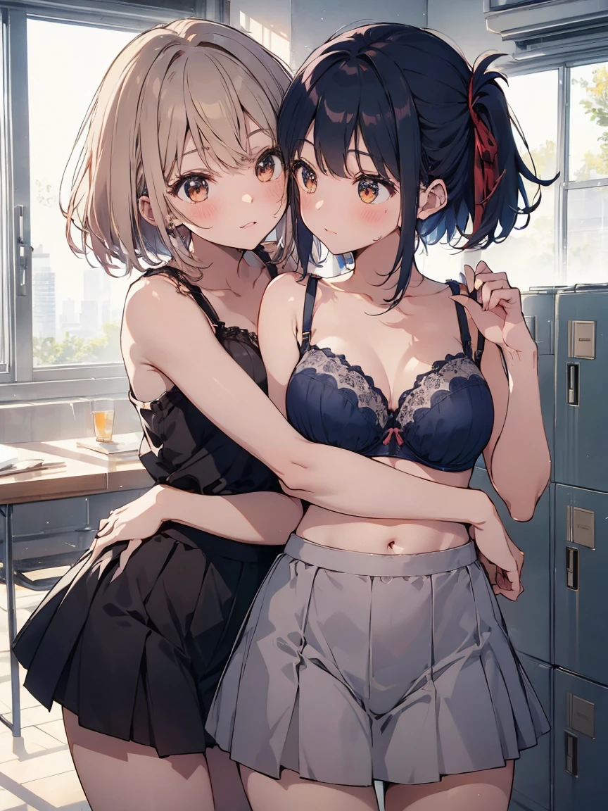 (highest qualityのイラスト:1.2), (cute girl:1.1), (1 girl, alone:1), (2 girls、8-year-old、、、small、cute、cute、small胸、 Very detailedな目:1.2)、(Yuri、kiss、Hug from behind、grab、eyes half closed、eye contact:1.Sweat、I was embraced、blush:1.1)、 break White Bra、ピンクのgood、Blue Bra、Green bra、Grey Bra、light Grey Bra、 Striped bra、水玉模様がgood、goodチェック柄、 cute、good、kids good、sporty、camisole、Cotton panties、School Skirt、Blake Black Hair、Blue Hair、Brown Hair、extra belly short hair、 short hair、Middle Hair、Hair length、Wavy Hair、Curly Hair、Pale pink braids、Princess Cut、Bobcut、Twin tails、低いTwin tails、 ponytail、ライトブルーのローponytail、break(locker room:1.2)、(evening、evening、Orange sunlight:1.2)、 break(highest quality、Very detailed、Very detailed and beautiful 、超A high resolution、Arm details:1.2)、Browsing Caution　Beautiful Pool