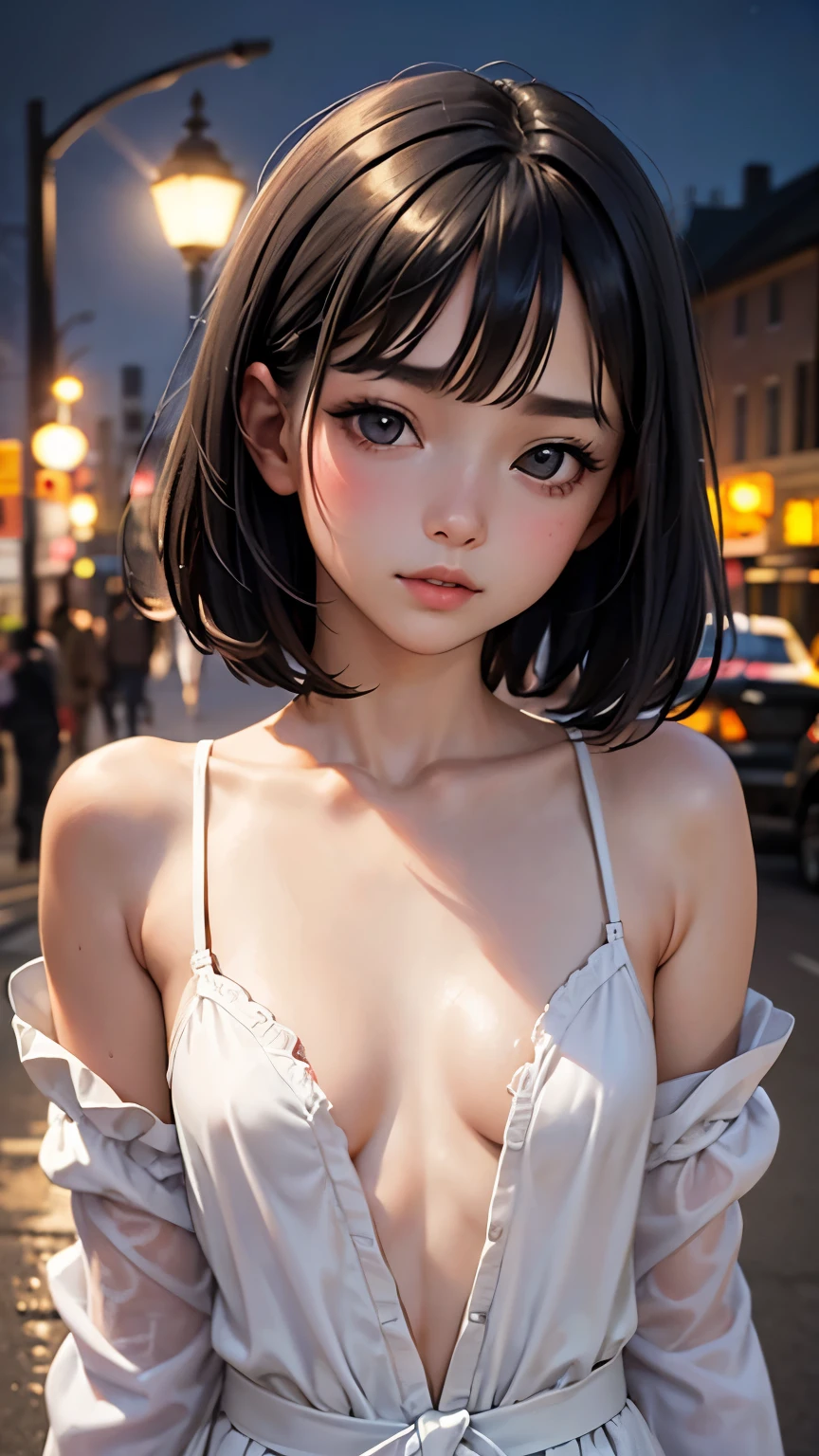 (Half Body Shot,Street lamp,moon),masterpiece, One girl, Solo Exhibitions, Beautiful woman with small breasts, nightのビーチ, Beautiful Goddess Girl Portrait, Beautiful and elaborate face, Porcelain-like skin, (((Bust Shot, center, night, Black Hair, short hair)), Very soft lighting, Full Shot,Symmetric, complicated, grace, Attention to detail, realism, art, concept art,White clothes