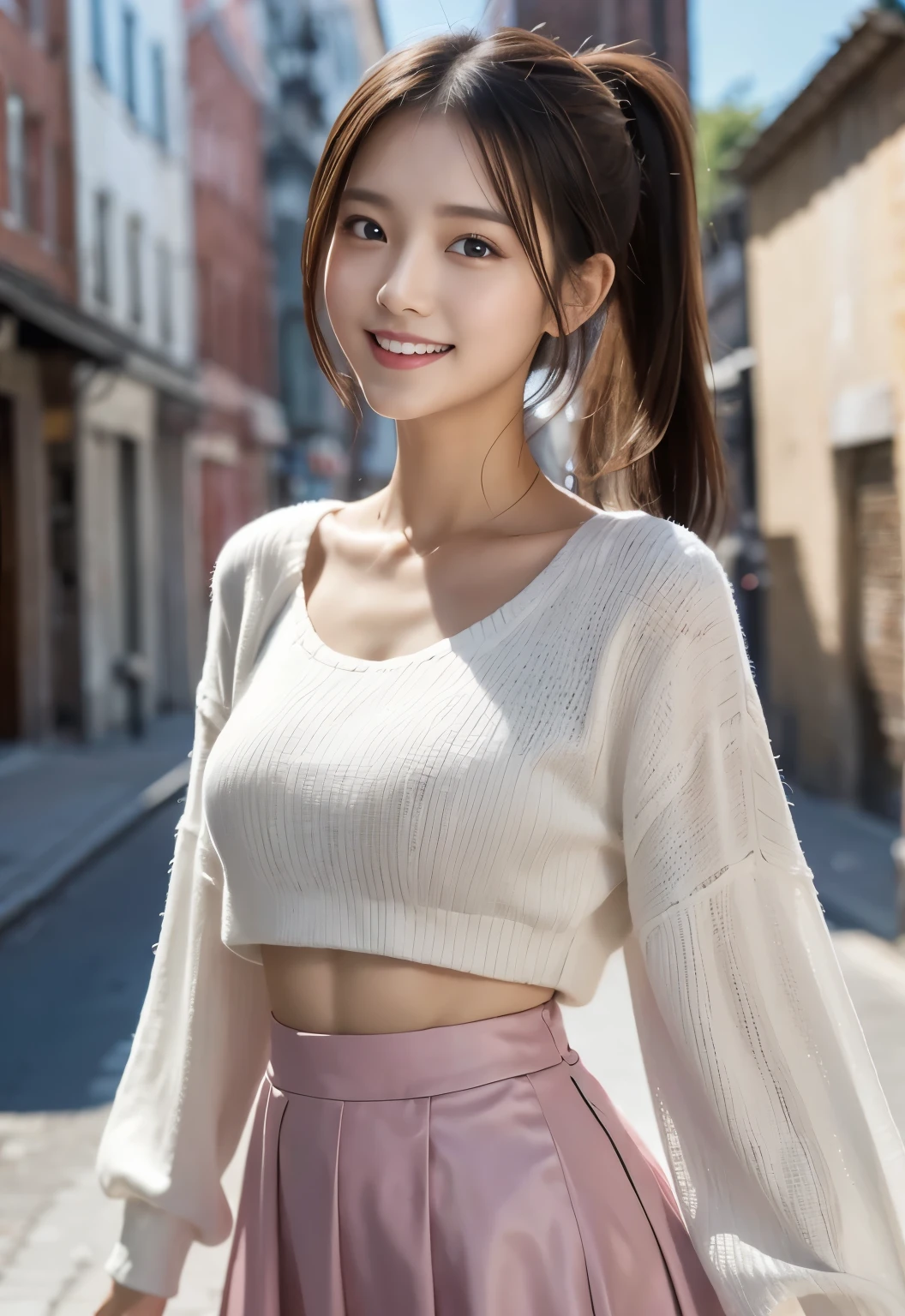 masterpiece, best quality:1.1), (8k, raw photo, photo realistic:1.2, f22), (shiny skin), detailed skin,ponytail,detailed face, detailed eyes,smile,BREAK, real world, intricate details, smil, BREAK, 1girl, full body,(pink,flare skirt)BREAK, (Town:1.4)