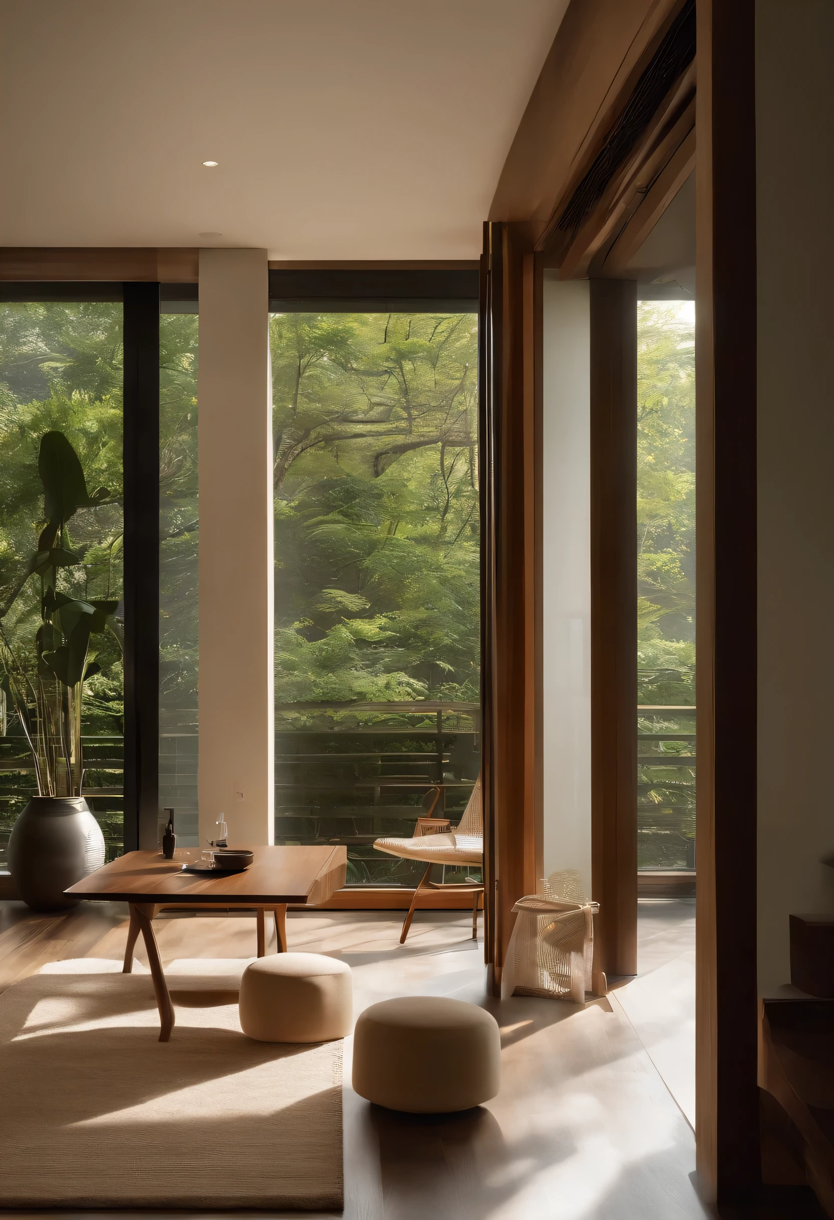 Interior design、Extremely detailed wide-angle architectural photos、Comfortable contemporary living room、(Bright warm sunshine 1:0.1)、Award-winning contemporary interior design、landscape、DL、a chair、In the house、Wooden floor、window、dining room、East Asian Architecture、sliding paper door、Deng Deng、buliding、forest、Nature、cup、plant、Interior design、Insert lights and shadows、Depth of Field、Low light