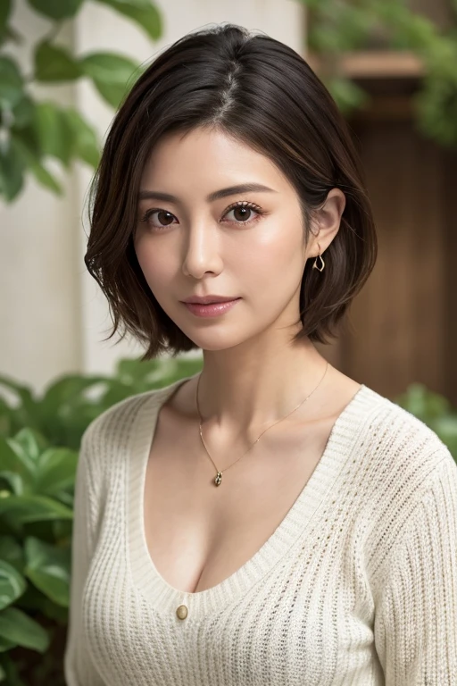 8k, highest quality, masterpiece, Realistic, Photorealistic, Very detailed, Natural light, Medium Chest, Detailed open neckline sweater, I can see her cleavage, 1 Japanese female, 40 years old, Black Hair, short hair, (Looking up at the viewer from below), White knit、V-neck shirt, Very detailedな顔と肌, Very detailedな目, Very detailedな顔と肌