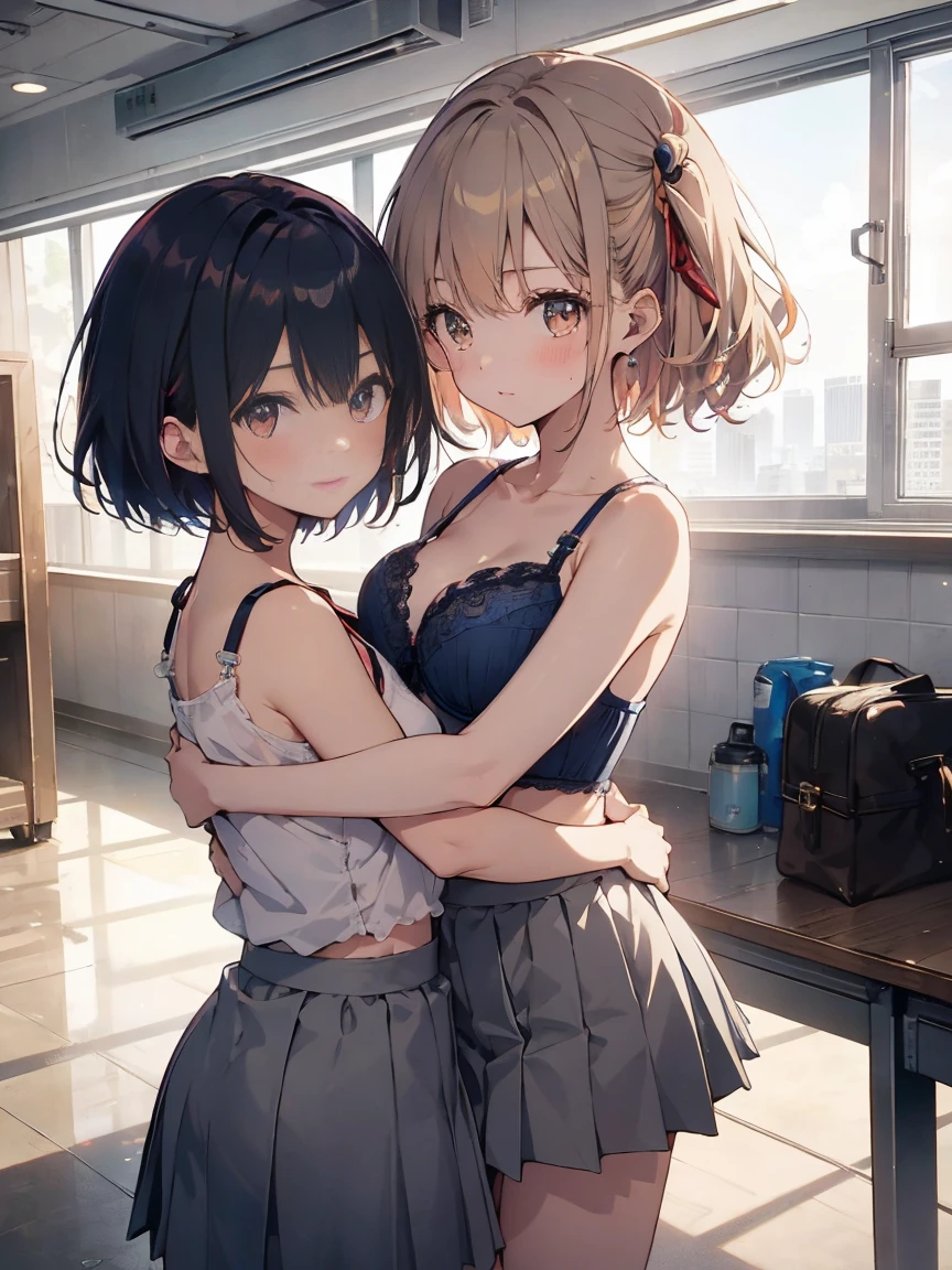 (highest qualityのイラスト:1.2), (cute girl:1.1), (1 girl, alone:1), (2 girls、8-year-old、、、small、cute、cute、small胸、 Very detailedな目:1.2)、(Yuri、kiss、Hug from behind、grab、eyes half closed、eye contact:1.Sweat、I was embraced、blush:1.1)、 break White Bra、ピンクのgood、Blue Bra、Green bra、Grey Bra、light Grey Bra、 Striped bra、水玉模様がgood、goodチェック柄、 cute、good、kids good、sporty、camisole、Cotton panties、School Skirt、Blake Black Hair、Blue Hair、Brown Hair、extra belly short hair、 short hair、Middle Hair、Hair length、Wavy Hair、Curly Hair、Pale pink braids、Princess Cut、Bobcut、Twin tails、低いTwin tails、 ponytail、ライトブルーのローponytail、break(locker room:1.2)、(evening、evening、Orange sunlight:1.2)、 break(highest quality、Very detailed、Very detailed and beautiful 、超A high resolution、Arm details:1.2)、Browsing Caution Beautiful Pool