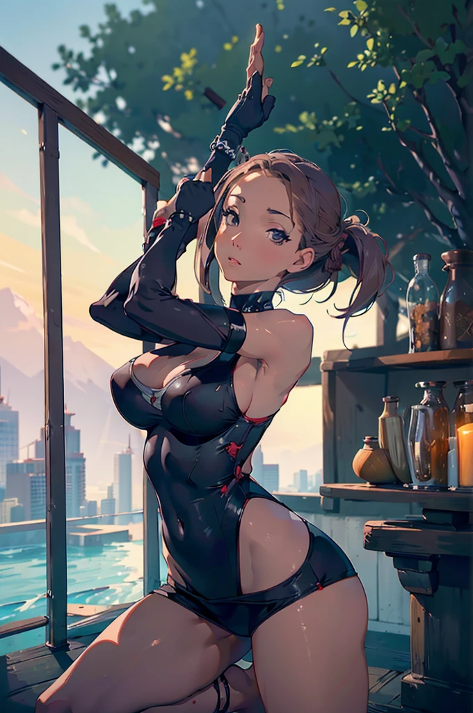 (best quality,4k,8k,highres,masterpiece:1.2),ultra-detailed,(realistic,photorealistic,photo-realistic:1.37),A lovely ninja woman in a sexy outfit is doing yoga in lewd poses while waiting on her target,Yoga studio,beautiful detailed eyes,detailed lips,stunning details,fit and toned body,graceful movements,athletic poses,exotic costume,sharp focus,fierce and seductive expression,attention to muscle definition,fluid and dynamic poses,martial arts expertise,soft and subtle lighting,vivid colors,creative yoga positions,alluring and mysterious atmosphere,controlled breathing techniques,flexibility and balance,peaceful and calm setting,black and red color scheme,elusive and stealthy presence,pleasing composition,effortless grace and elegance,striking and impactful visuals,professional execution,impressive level of detail,unique and captivating energy,creative and imaginative scene,attention to anatomical accuracy,eye-catching and visually stunning,image that captures the essence of strength and beauty.