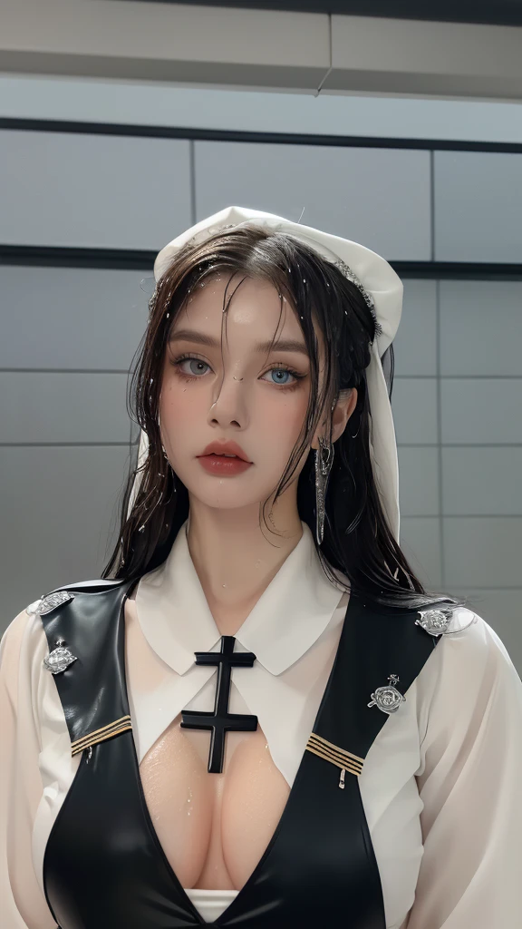1 miniature Beautiful beautiful woman - Yuan Sayuki, ((top quality, 8K, Masterpiece:1.retty woman, 1 woman, huge breasts:1.3, a slim body:1.1, lush GINGER long hair with 2 buns, (shower, wet body, wet clothes:1.1), very detailed face, detailed lips, detailed eyes, double eyelids, Detailed blue eyes, чрезвычайно Detailed Outstanding Blue Eyes, long GINGER wet hair, GINGER wet hair, Detailed Outstanding Blue Eyes, innocent look at the viewer, very wet wavy RED hair, Detailed Outstanding Blue Eyes, huge cross earrings, Outdoors, badges behind, gothic maid uniform, sexy maid dress, bare chest, huge chest tattoo, detailed huge catholic cross earrings, chest tattoo, Outside, wear a silver cross (Detailed cross shape), reality mode, wet breasts, black necklace, human crowd behind, black latex gloves, hair of white RED colour, night time, red neon lights, demonic nun, nimbus (golden lighting ring above her head), angel, snowy weather, sexy pose, white lingerie, black maid dress, detailed flower wreath made of different colours, open chest