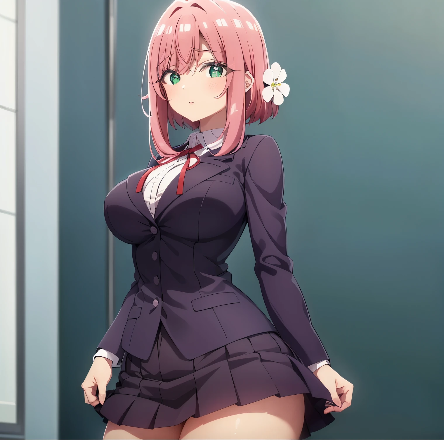 1girl,alone,hanazono hakari,standing,white panties,arm under breasts,
is±åç3/41/2é¦é,1girl,solo,hair flower,pink hair,hair ornament,bangs,hair between eyes,green eyes,bright pupils,hair intakes,short hair,sidelocks,white flower,
,collared shirt,red ribbon,neck ribbon,white shirt,purple jacket,large breasts,shirt,long sleeves,pleated skirt,miniskirt,purple skirt,thick thighs, Exquisite visuals, high-definition,masterpiece,best quality, 18yo,Young female,Beautiful Fingers,Beautiful long legs,Beautiful body,Beautiful Nose,Beautiful character design, perfect eyes, perfect face,expressive eyes,
looking at viewer,
official art,extremely detailed CG unity 8k wallpaper, perfect lighting,Colorful, Bright_Front_face_Lighting,shiny skin, 
(masterpiece:1.0),(best_quality:1.0), ultra high res,4K,ultra-detailed,
photography, 8K, HDR, highres, absurdres:1.2, Kodak portra 400, film grain, blurry background, bokeh:1.2, lens flare, (vibrant_color:1.2), (beautiful_face:1.5),(narrow_waist), ,NSFW, (lifting skirt), (((panties))),large breasts, medium waist, wide hips, medium thighs