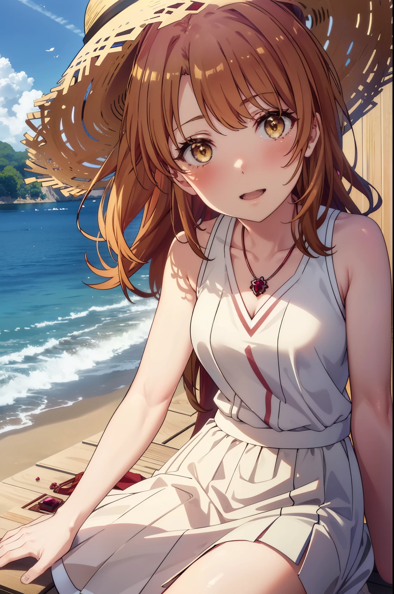 irohaisshiki, Isshiki Iroha, Long Hair, Brown Hair, (Brown ruby eyes:1.5), Sleeveless yellow dress,Yellow long skirt,Bare neck,Locket Necklace,Cute Sandals,Straw hat,happy smile, smile, Open your mouth,Daytime,Clear skies,True Summer,whole bodyがイラストに入るように,Walking,
break outdoors ,garden,crowd, people々々,
break looking at viewer,whole body,
break (masterpiece:1.2), highest quality, High resolution, unity 8k wallpaper, (shape:0.8), (Beautiful and detailed:1.6), Highly detailed face, Perfect lighting, Highly detailed CG, (Perfect hands, Perfect Anatomy),