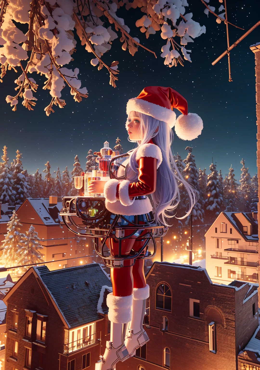 1 Glowing Christmas Mechanical Girl，future girl，Mechanical Union Christmas City Background，Model shooting style, (Extremely detailed CG unified 8k wallpaper), The beauty of abstract style,，Surreal, 8k, Super Detail, best quality, Awards, Anatomically correct, 16K, Super Detail