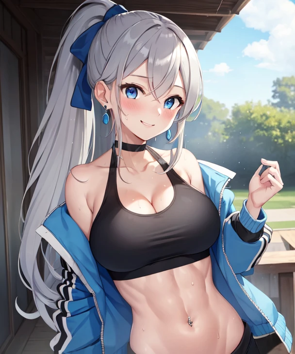 (((masterpiece))), ShizukaMikazuki, One Girl, alone, View your viewers, Long Hair, Gray Hair, Long sleeve, Cleavage, Huge breasts,clavicle, Mature Body,Attractive body,Trained abdominal muscles,Make your face a little smaller,Enlarge your breasts,expensive,Blushing,High Ponytail,Jacket, Open clothes, open Jacket, blue Jacket,nude,Black sports bra,Black hot pants, Play sports often, Charm Choker,Earrings,Belly Piercing,Blushing,smile,blue eyes,natural Park,Shooting from an angle,Sweaty all over,(I'm so happy I hug)