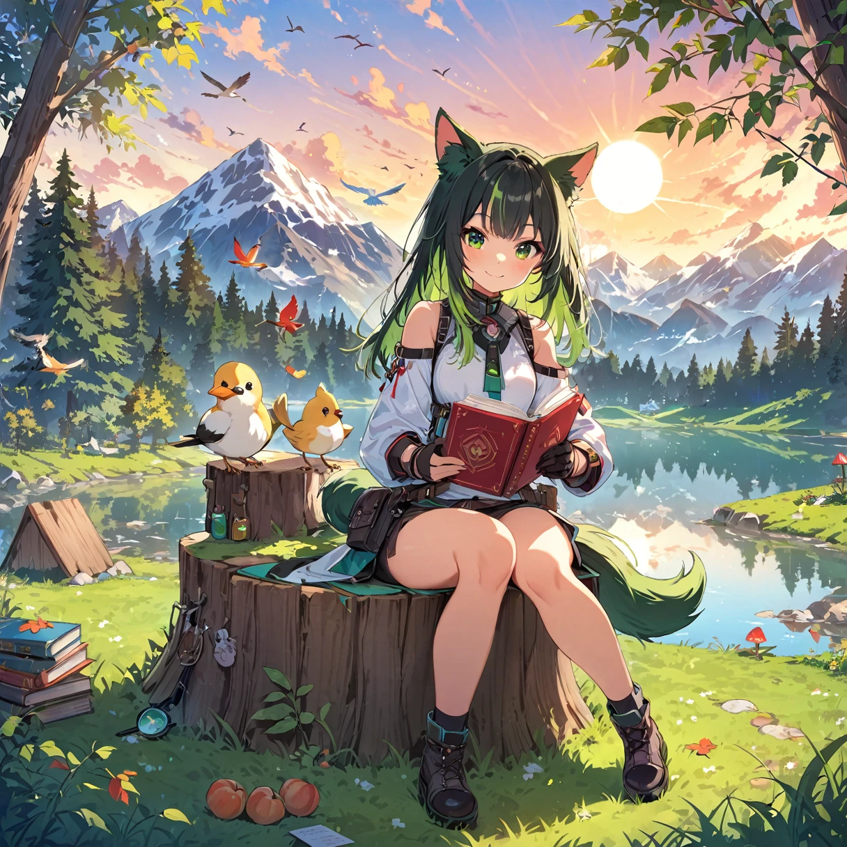 masterpiece, highest quality,, One girl, Sitting, animal, animal ears, bird, black_hair, Book, Bookmark, branch, gloves, Grass, green hair, Holding, Holding Book, Food, Food down, leaf, View your viewers, multicolored hair, open_Book, partially fingerless gloves, pen, plant, Pouch, 羽pen, read, Sitting, smile, alone, tail, wood, wood stump,, null, sun, Mountain, forest, lake