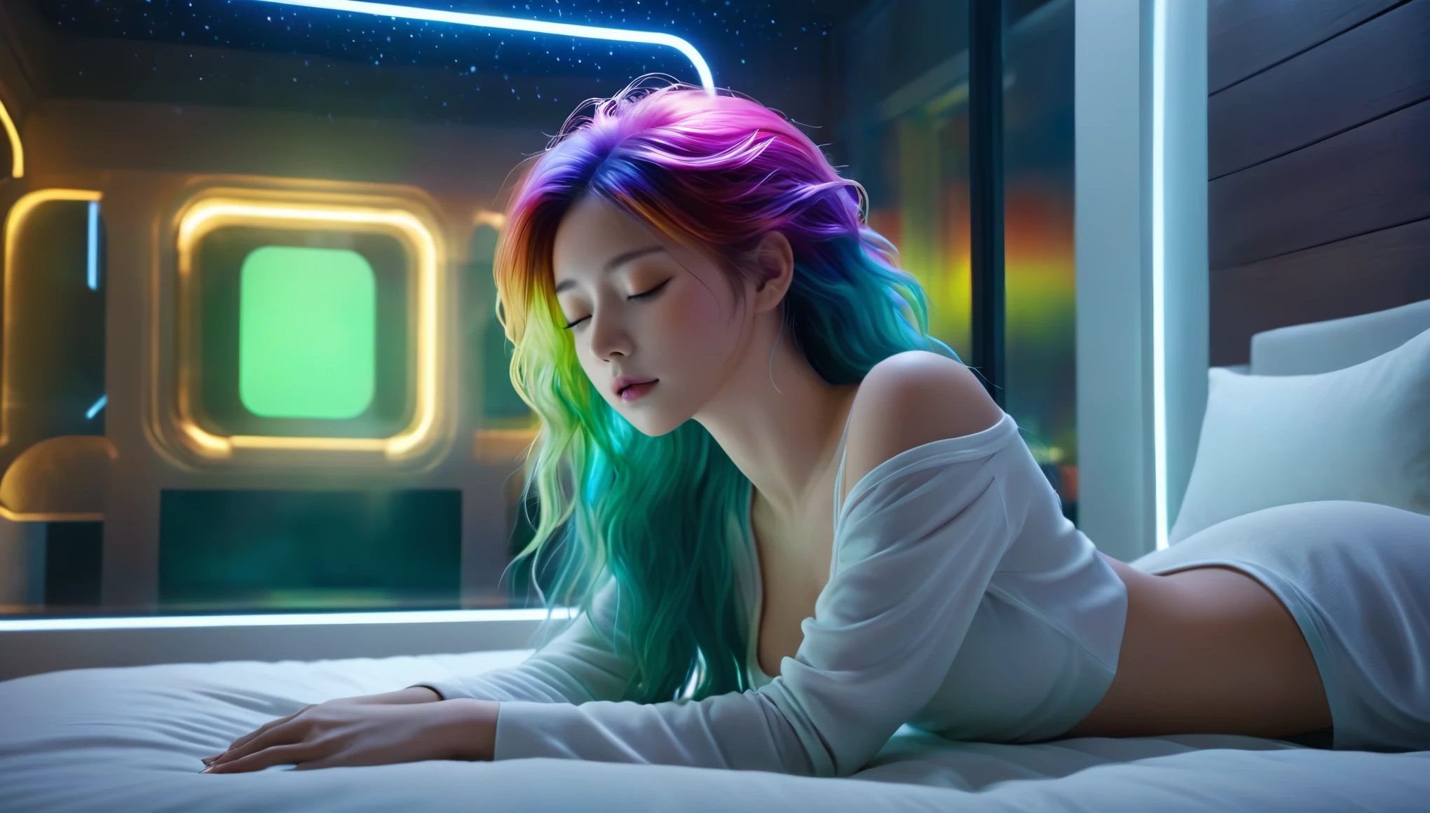 (best quality,8k,ultra-detailed:1.2),(CG,CG art,3D rendering),(masterpiece:1.2),（Crawling on the table），（Sexy clothing），(movie lighting,futuristic),(woman lying in bed,sleeping,closed eyes),(large window behind her,tranquil night),(colorful hair:1.5)