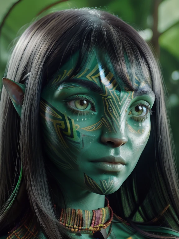 avatar style, (face portrait:1.6), naavi, 1girl, female, (silver eyes), (big eyes), ((eyebrowless)), pointy ears, (forest green skin tone:1.0), (straight hair:1.0), black hair color, ((long hair with bangs)), (young adult), 18 years old, face wrinkles, wearing colorful tribal clothing, (wearing tribal acessories), detailed eyes, toned body, muscled body, vibrant colors, glowing, ethereal atmosphere, surrealistic dreamy lighting, textured skin, otherworldly beauty, mesmerizing photography, (best quality, highres), vivid colors, ultrarealistic, skin details, striped skin, sfw, face close-up:0.5, ultradetailed body, ((green skin)), ((tranzp))