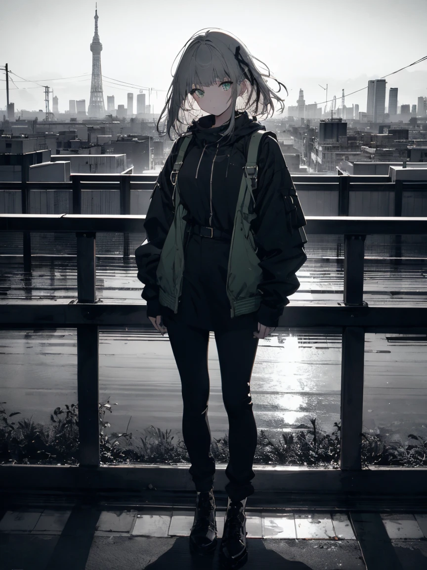 masterpiece, highest quality, High resolution, One Girl, alone, bangs, Faded tones, Monochrome, Cool girl, 長いbangs, hipster, Gray Hair, Full Body Shot, Monochrome, Detailed face, Beautiful Eyes, black, green, Large blurry background, Rooftop at dawn, Looking out over the fence、Cowboy Shot