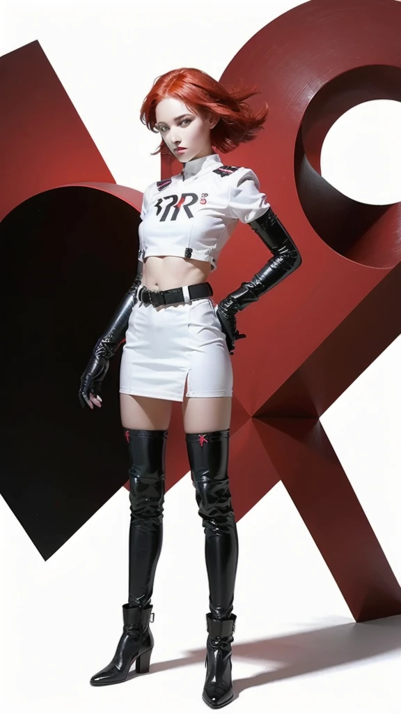 team rocket,team rocket uniform, red letter R, white skirt,white crop top,black thigh-highs, black elbow gloves,