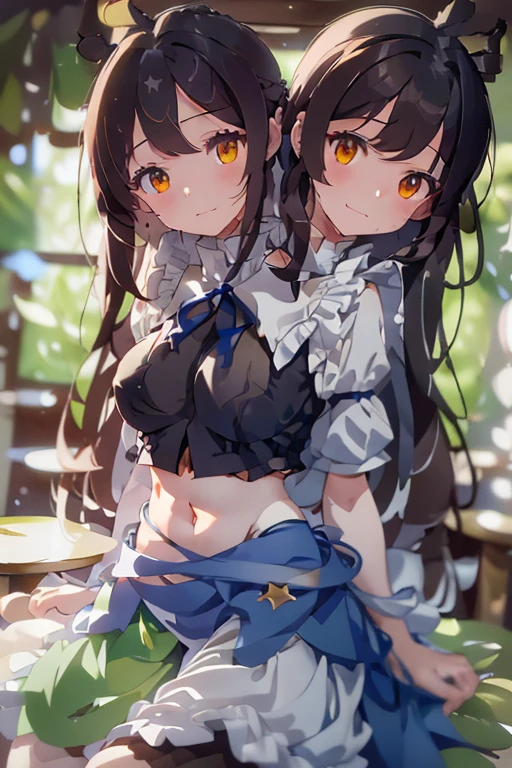 (masterpiece, best quality), best quality, (ultra-detailed), (3heads:1.5), 1girl, (star sapphire:1.3), masterpiece, best quality, ultra quality, ultra resolution, ultra detail, white top, crop top, ((stomach)), midriff, ((groin)), open midriff, white and blue skirt, miniskirt, normal ears, shackles, dark brown hair, very long hair, wavy hair, sidelocks, yellow eyes, detailed eyes, parted lips, fairy wings, sweat, cute, open belly, toned belly, hand on own chest, eyelashes, (24 year old woman:1.3), (masterpiece:1.5), (best quality:1.5), (beautiful detailed), extremely detailed CG, extremely delicate and beautiful, depth of field, (finely detailed face), (perfect details:1.2), (mature female:1.3), wide pelvis, slender, large veiny breast, 16k resolution, highres, high quality, high definition, extremely detailed, masterpiece, dark brown hair, long hair, alluring presence, braid, short skirt, miniskirt, close up, big tits, young, blue ribbon attached to the hair, butterfly-shaped wings, open belly, midriff, nsfw, bare stomach,