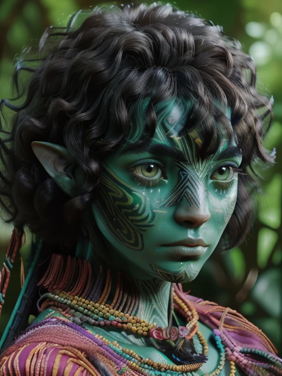 avatar style, (face portrait:1.6), naavi, 1girl, female, (silver eyes), (big eyes), ((eyebrowless)), pointy ears, (forest green skin tone:1.0), (curly hair:1.0), black hair color, ((curly afro hair with bangs)), (young adult), 18 years old, face wrinkles, wearing colorful tribal clothing, (wearing tribal acessories), detailed eyes, toned body, muscled body, vibrant colors, glowing, ethereal atmosphere, surrealistic dreamy lighting, textured skin, otherworldly beauty, mesmerizing photography, (best quality, highres), vivid colors, ultrarealistic, skin details, striped skin, sfw, face close-up:0.5, ultradetailed body, ((green skin)), ((tranzp))