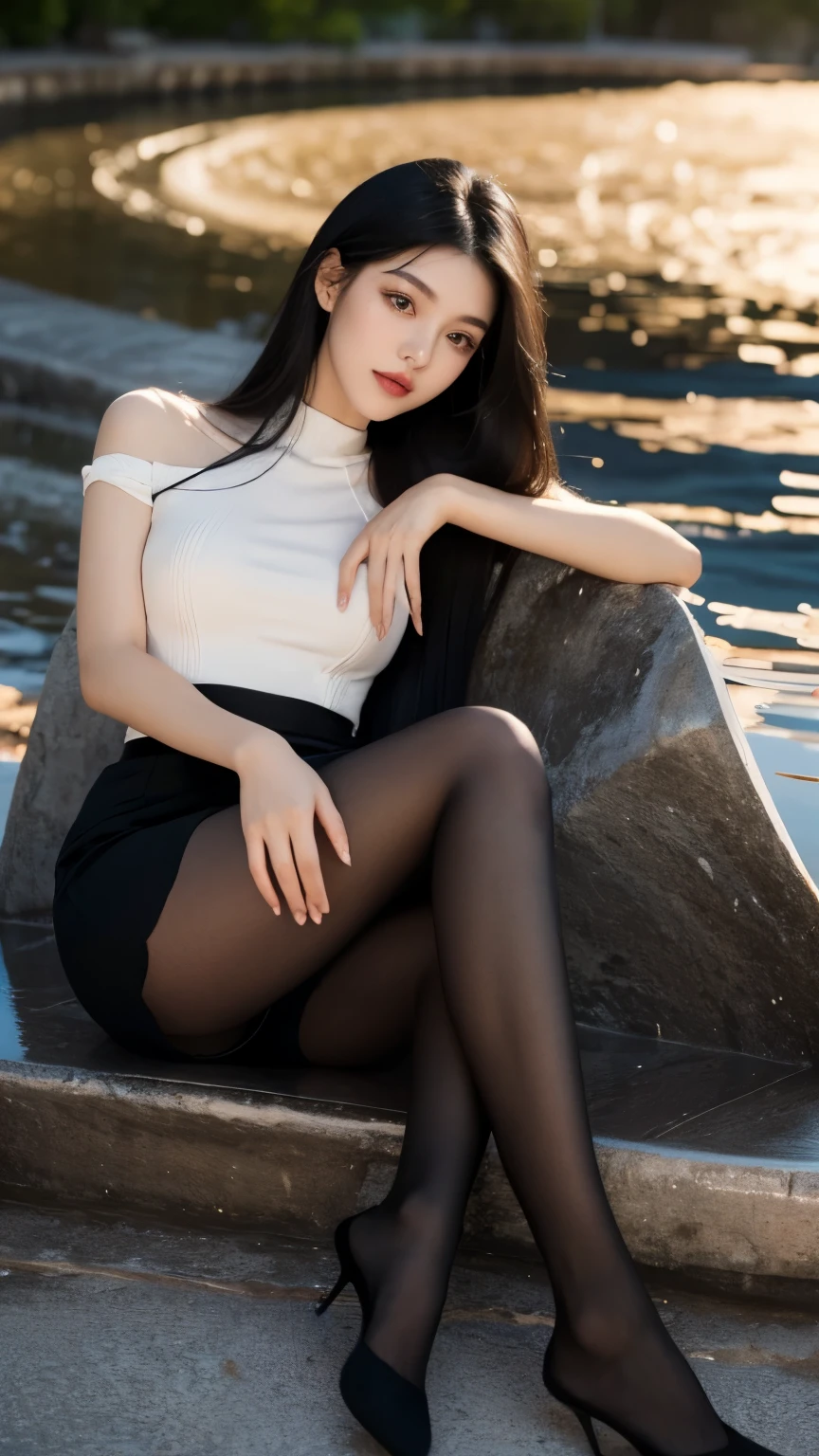 Ultra-fine details,Peerless Beauty,20-year-old beautiful princess,individual,Long eyelashes,Big watery eyes,long leg,black stockings,Perfect face shape,Perfect and exquisite facial features,Glossy lipstick,Straight black long hair,Smooth and delicate skin,Hydrated and radiant skin,full-body,full body