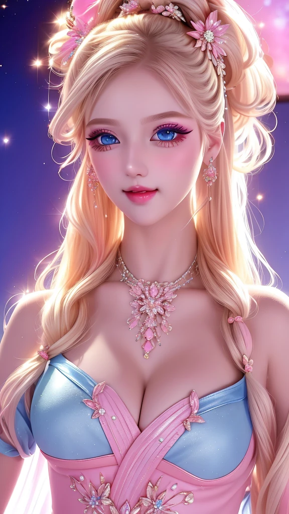 Real, realistic, 1 girl, morning, movie lights, looking at the audience, interior, smiling, purple exquisite dress shiny crystal, crystal necklace, double ponytail, long blonde hair fluttering