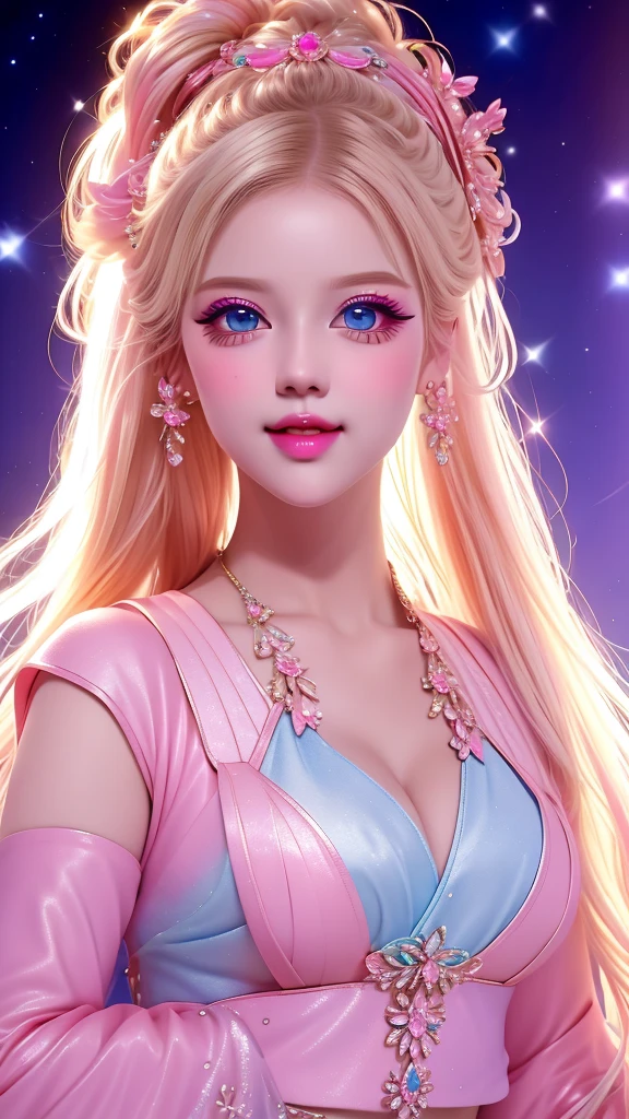 Double ponytails, blond, blue eyes, Perfect lips , Confident smile,Sexy expressions, Cute face, Stunning details,Pink clothes, Random pose, Extremely detailed face, Long eyelashes, Sharp eyes , full-body shot, Dynamic Viewer, Night Sky , dynamic view, Different perspectives,Large Breasts,Cleavage,pendant, Curvy body