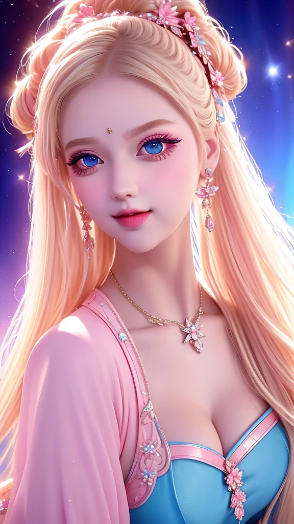 Double ponytails, blond, blue eyes, Perfect lips , Confident smile,Sexy expressions, Cute face, Stunning details,Pink clothes, Random pose, Extremely detailed face, Long eyelashes, Sharp eyes , full-body shot, Dynamic Viewer, Night Sky , dynamic view, Different perspectives,Large Breasts,Cleavage,pendant, Curvy body