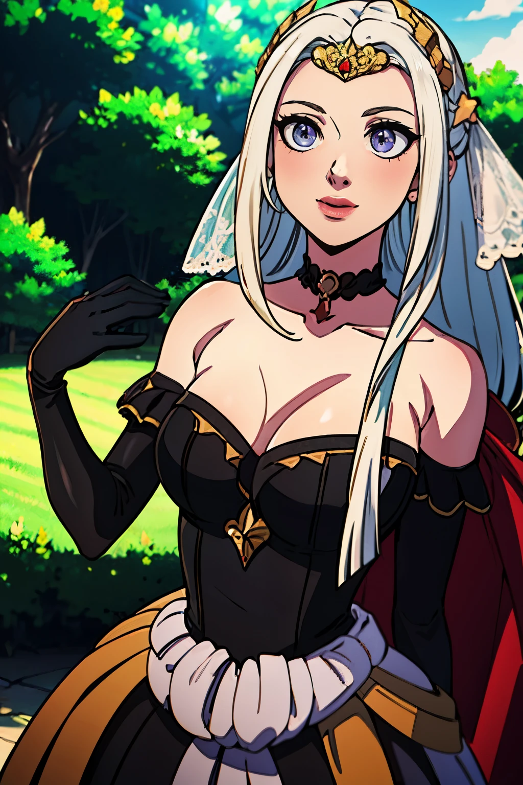 Edelgard FE,  hair between eyes, ahoge, blonde hair, star \(symbol\), hair ornament, ruffled tulle dress, cleavage, bare shoulders, collarbone, long black elbow gloves, black gloves, black dress, black choker, strapless, tiara, veil, strapless dress, princess dress, veil, beautiful woman, perfect body, perfect breasts, wearing a princess dress, ball gown, in the park trees, wedding decorations, a warm smile, realism, masterpiece, textured skin, super detail, high detail, high quality, best quality, 1080p, 16k